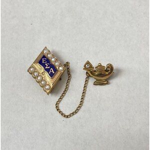 Epsilon Sigma Alpha ΕΣΑ Sorority Gold Tone Lapel Dangle Pin Seed Pearl Vintage
